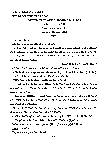 Đề kiểm tra học kì I môn Ngữ văn Lớp 8 - Đề 11 - Năm học 2016-2017 - Phòng Giáo dục và Đào tạo Quận 4