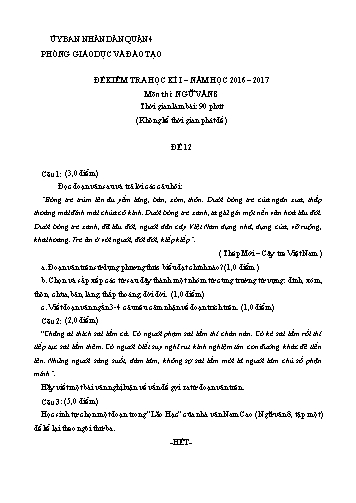 Đề kiểm tra học kì I môn Ngữ văn Lớp 8 - Đề 12 - Năm học 2016-2017 - Phòng Giáo dục và Đào tạo Quận 4