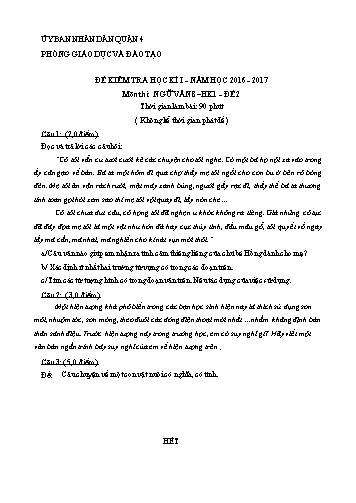 Đề kiểm tra học kì I môn Ngữ văn Lớp 8 - Đề 2 - Năm học 2016-2017 - Phòng Giáo dục và Đào tạo Quận 4