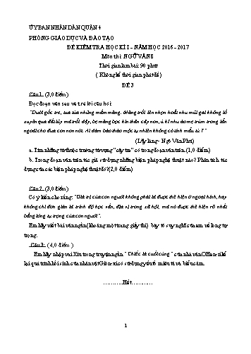 Đề kiểm tra học kì I môn Ngữ văn Lớp 8 - Đề 3 - Năm học 2016-2017 - Phòng Giáo dục và Đào tạo Quận 4