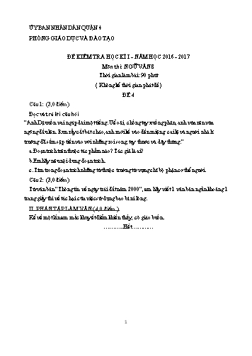 Đề kiểm tra học kì I môn Ngữ văn Lớp 8 - Đề 4 - Năm học 2016-2017 - Phòng Giáo dục và Đào tạo Quận 4