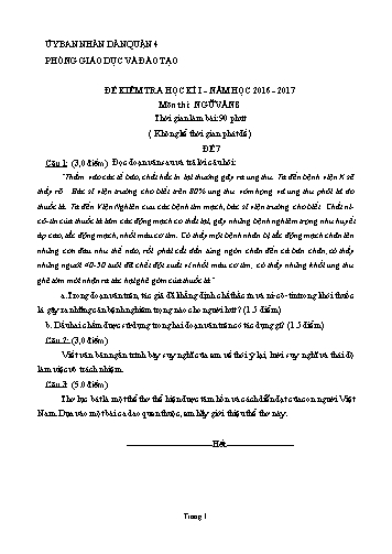 Đề kiểm tra học kì I môn Ngữ văn Lớp 8 - Đề 7 - Năm học 2016-2017 - Phòng Giáo dục và Đào tạo Quận 4