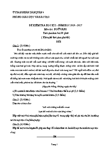 Đề kiểm tra học kì I môn Ngữ văn Lớp 8 - Đề 8 - Năm học 2016-2017 - Phòng Giáo dục và Đào tạo Quận 4