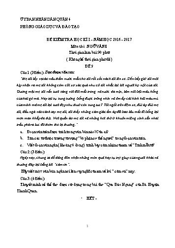 Đề kiểm tra học kì I môn Ngữ văn Lớp 8 - Đề 9 - Năm học 2016-2017 - Phòng Giáo dục và Đào tạo Quận 4