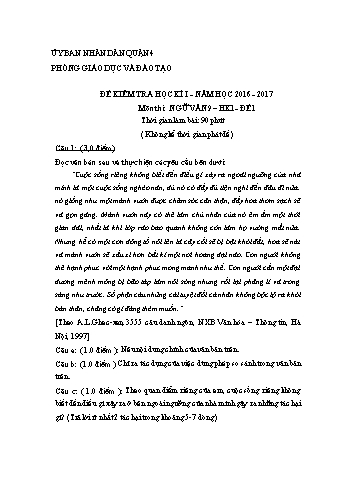 Đề kiểm tra học kì I môn Ngữ văn Lớp 9 - Đề 1 - Năm học 2016-2017 - Phòng Giáo dục và Đào tạo Quận 4