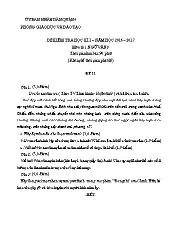 Đề kiểm tra học kì I môn Ngữ văn Lớp 9 - Đề 11 - Năm học 2016-2017 - Phòng Giáo dục và Đào tạo Quận 4
