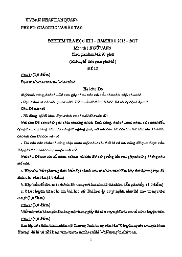 Đề kiểm tra học kì I môn Ngữ văn Lớp 9 - Đề 12 - Năm học 2016-2017 - Phòng Giáo dục và Đào tạo Quận 4