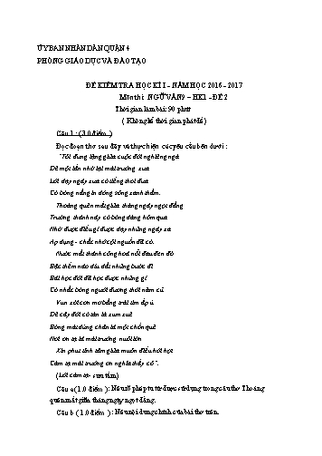 Đề kiểm tra học kì I môn Ngữ văn Lớp 9 - Đề 2 - Năm học 2016-2017 - Phòng Giáo dục và Đào tạo Quận 4