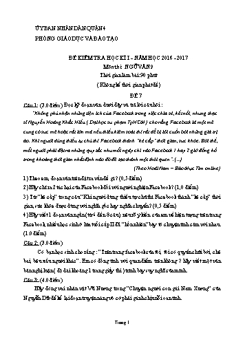 Đề kiểm tra học kì I môn Ngữ văn Lớp 9 - Đề 7 - Năm học 2016-2017 - Phòng Giáo dục và Đào tạo Quận 4