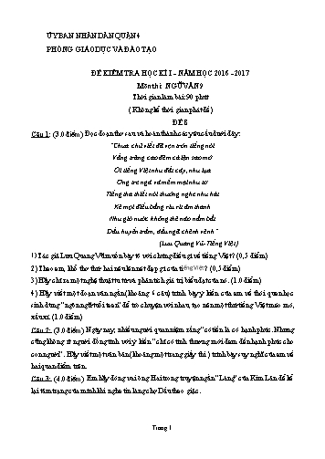 Đề kiểm tra học kì I môn Ngữ văn Lớp 9 - Đề 8 - Năm học 2016-2017 - Phòng Giáo dục và Đào tạo Quận 4
