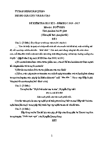 Đề kiểm tra học kì I môn Ngữ văn Lớp 9 - Đề 9 - Năm học 2016-2017 - Phòng Giáo dục và Đào tạo Quận 4