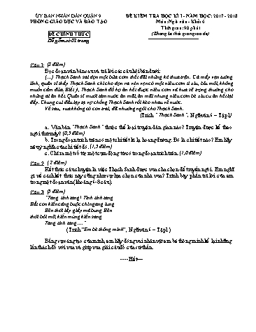 Đề kiểm tra học kì I Ngữ văn Khối 6 - Năm học 2017-2018 - Phòng GD&ĐT Quận 9 (Có hướng dẫn chấm)