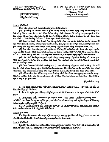 Đề kiểm tra học kì I Ngữ văn Khối 9 - Năm học 2017-2018 - Phòng GD&ĐT Quận 9 (Có hướng dẫn chấm)