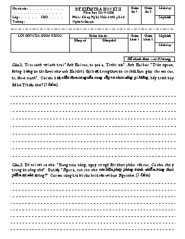 Đề kiểm tra học kì II môn Công nghệ Khối 6 - Năm học 2019-2020 - (Kèm đáp án)
