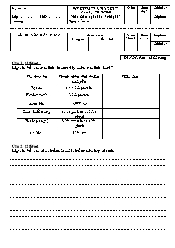 Đề kiểm tra học kì II môn Công nghệ Khối 7 - Năm học 2019-2020