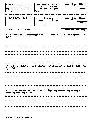 Đề kiểm tra học kì II môn Địa lí 7- Năm học 2019-2020 (Kèm đáp án và ma trận đề)
