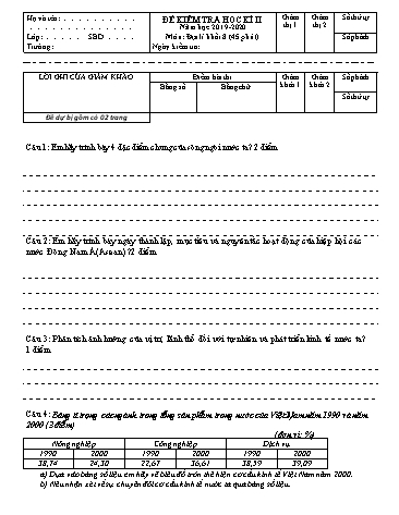 Đề kiểm tra học kì II môn Địa lí 8 - Năm học 2019-2020 - Trường THCS Hoàng Quốc Việt (Kèm đáp án và ma trận đề)
