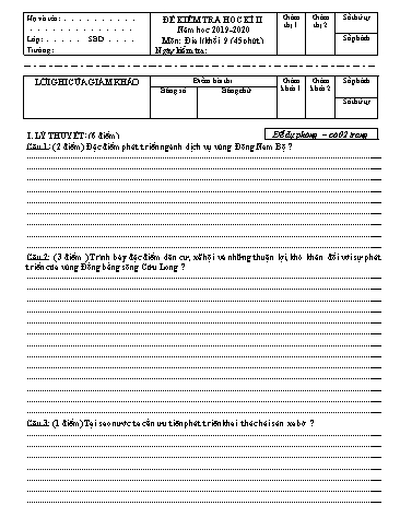 Đề kiểm tra học kì II môn Địa lí 9 - Năm học 2019-2020