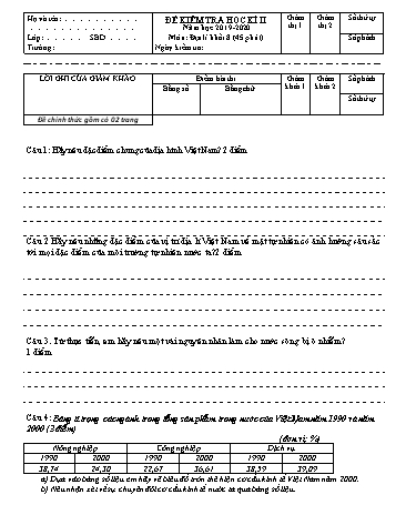 Đề kiểm tra học kì II môn Địa lí Khối 8 - Năm học 2019-2020 - Trường THCS Hoàng Quốc Việt (Kèm đáp án và ma trận đề)