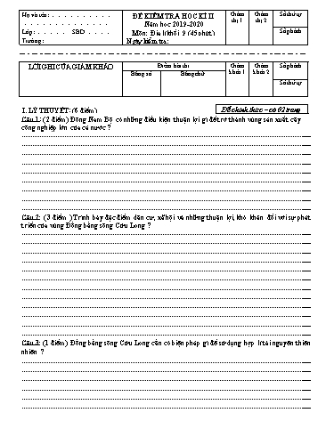 Đề kiểm tra học kì II môn Địa lí Khối 9 - Năm học 2019-2020 - Trường THCS Hoàng Quốc Việt (Kèm đáp án và ma trận đề)