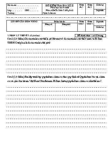 Đề kiểm tra học kì II môn Giáo dục công dân Khối 7 - Năm học 2019-2020 - Trường THCS Hoàng Quốc Việt (Kèm đáp án và ma trận đề)