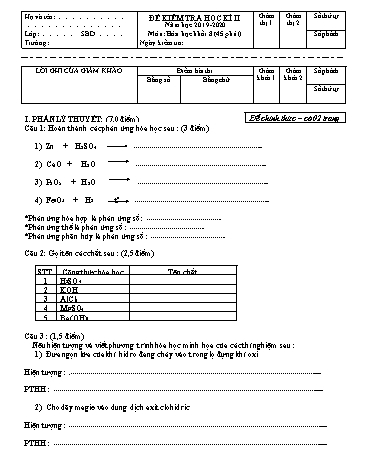 Đề kiểm tra học kì II môn Hóa học Khối 8 - Năm học 2019-2020 (Có đáp án)