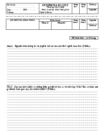 Đề kiểm tra học kì II môn Lịch sử 7 - Năm học 2019-2020 - Trường THCS Hoàng Quốc Việt (Kèm đáp án và ma trận đề)