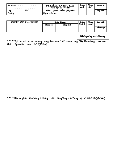 Đề kiểm tra học kì II môn Lịch sử 9 - Năm học 2019-2020 - Trường THCS Hoàng Quốc Việt (Kèm đáp án và ma trận đề)