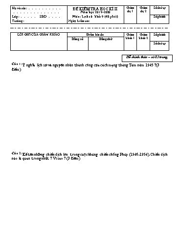 Đề kiểm tra học kì II môn Lịch sử Khối 9 - Năm học 2019-2020 - Trường THCS Hoàng Quốc Việt (Kèm đáp án và ma trận đề)