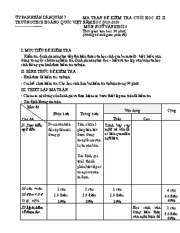 Đề kiểm tra học kì II môn Ngữ văn Khối 9 - Năm học 2019-2020 - Trường THCS Hoàng Quốc Việt (Có đáp án)