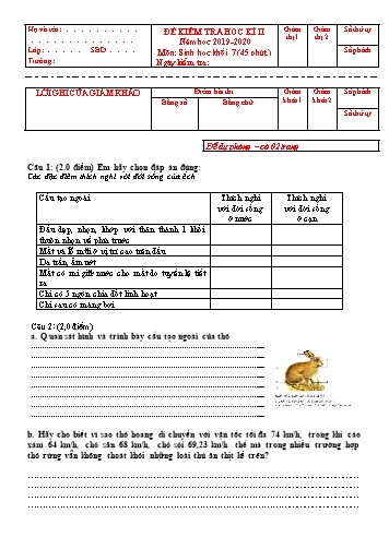 Đề kiểm tra học kì II Sinh học 7 - Năm học 2019-2020 - Trường THCS Hoàng Quốc Việt (Kèm đáp án và ma trận đề)