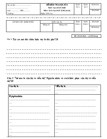 Đề kiểm tra học kì II Sinh học 8 - Năm học 2019-2020