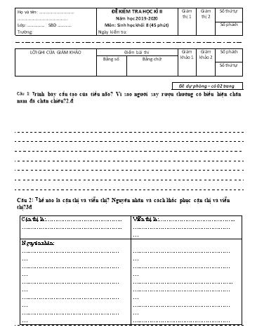 Đề kiểm tra học kì II Sinh học Khối 8 - Năm học 2019-2020 (Kèm đáp án)