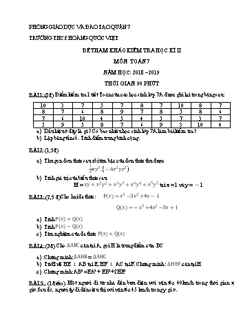 Đề kiểm tra học kì II Toán 7 - Năm học 2018-2019 - Trường THCS Hoàng Quốc Việt (Có đáp án)