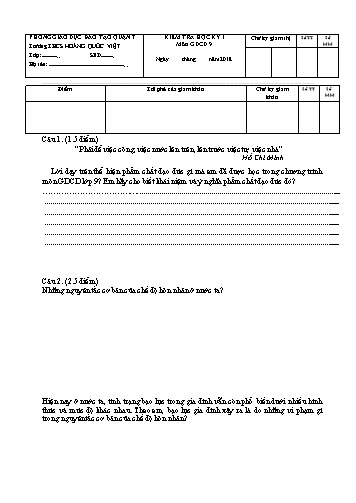 Đề kiểm tra học kỳ I Giáo dục công dân 9 - Năm học 2017-2018 - Trường THCS Hoàng Quốc Việt (Có đáp án)