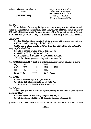 Đề kiểm tra học kỳ I Hóa học 8 - Năm học 2015-2016 - Phòng GD&ĐT Quận 9 (Có hướng dẫn chấm)