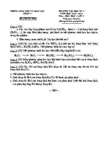 Đề kiểm tra học kỳ I Hóa học 9 - Năm học 2015-2016 - Phòng GD&ĐT Quận 9 (Có hướng dẫn chấm)