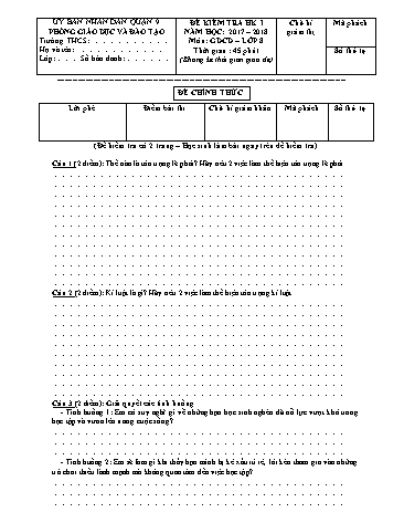 Đề kiểm tra học kỳ I môn Giáo dục công dân Lớp 8 - Năm học 2017-2018 - Phòng giáo dục và đào tạo Quận 9 (Có hướng dẫn chấm)