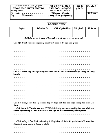 Đề kiểm tra học kỳ I môn Giáo dục công dân Lớp 9 - Năm học 2017-2018 - Phòng giáo dục và đào tạo Quận 9 (Có hướng dẫn chấm)