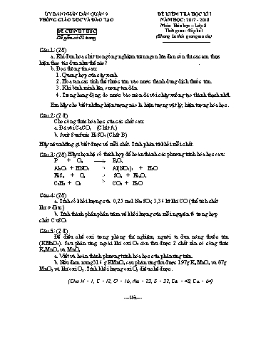 Đề kiểm tra học kỳ I môn Hóa học Lớp 8+9 - Năm học 2017-2018 - Phòng giáo dục và đào tạo Quận 9 (Có hướng dẫn chấm)