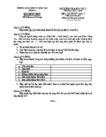 Đề kiểm tra học kỳ I môn Lịch sử 7 - Năm học 2017-2018 - Phòng GD&ĐT Quận 9 (Có hướng dẫn chấm)