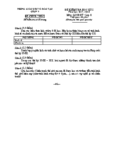 Đề kiểm tra học kỳ I môn Lịch sử 8 - Năm học 2017-2018 - Phòng GD&ĐT Quận 9 (Có hướng dẫn chấm)