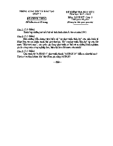 Đề kiểm tra học kỳ I môn Lịch sử 9 - Năm học 2017-2018 - Phòng GD&ĐT Quận 9 (Có hướng dẫn chấm)