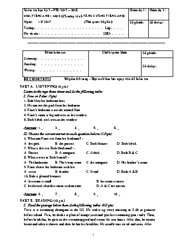Đề kiểm tra học kỳ I môn Tiếng Anh 6 - Năm học 2017-2018 - Phòng GD&ĐT Quận 9 (Có hướng dẫn chấm)