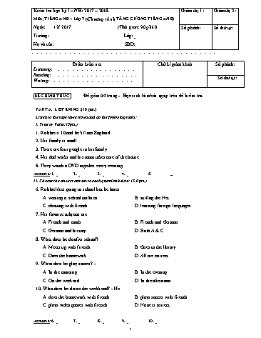 Đề kiểm tra học kỳ I môn Tiếng Anh 7 - Năm học 2017-2018 - Phòng GD&ĐT Quận 9 (Có hướng dẫn chấm)