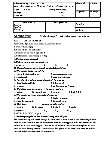 Đề kiểm tra học kỳ I môn Tiếng Anh 8 - Năm học 2017-2018 - Phòng GD&ĐT Quận 9 (Có hướng dẫn chấm)