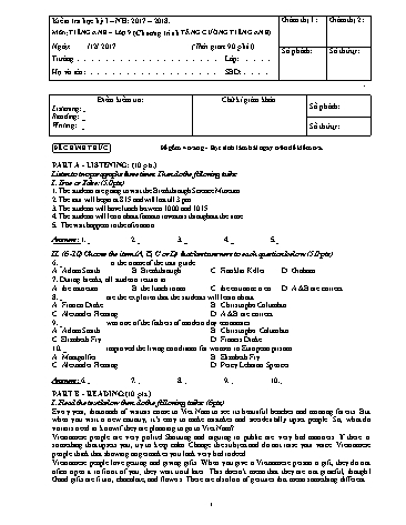 Đề kiểm tra học kỳ I môn Tiếng Anh 9 - Năm học 2017-2018 - Phòng GD&ĐT Quận 9 (Có hướng dẫn chấm)