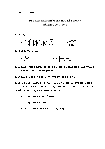 Đề kiểm tra học kỳ I môn Toán Lớp 7 - Năm học 2015-2016 - Trường THCS Colette