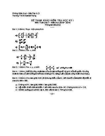 Đề kiểm tra học kỳ I môn Toán Lớp 7 - Năm học 2015-2016 - Trường THCS Hai Bà Trưng
