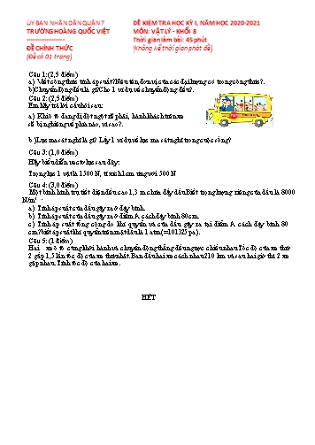 Đề kiểm tra học kỳ I môn Vật lý Khối 8 - Năm học 2020-2021 - Trường THCS Hoàng Quốc Việt (Có đáp án)